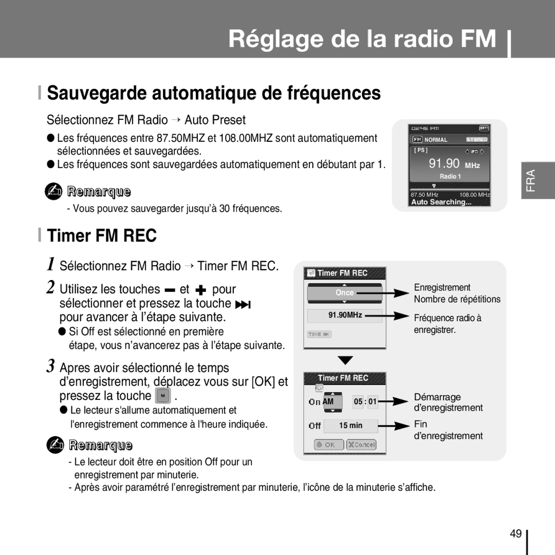 Samsung YP-T7FZS/XEF, YP-T7FQB/XEF Sauvegarde automatique de fréquences, Timer FM REC, Sélectionnez FM Radio → Auto Preset 