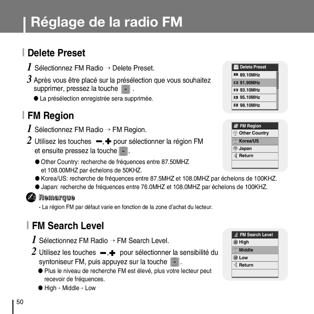 Samsung YP-T7FXB/EDC, YP-T7FQB/XEF, YP-T7FZS/XEF, YP-T7FZS/EDC, YP-T7FXB/ELS manual Delete Preset, FM Region, FM Search Level 