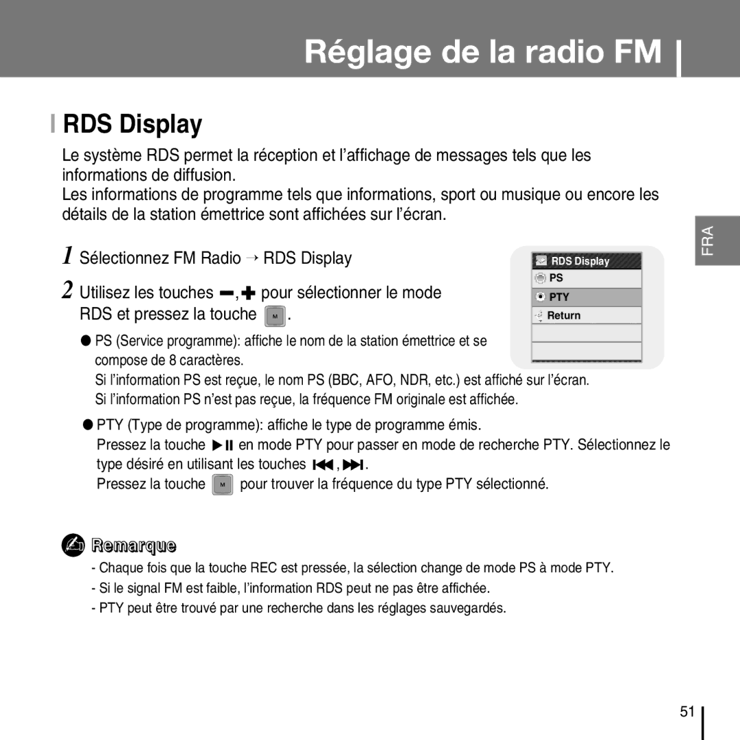 Samsung YP-T7FZS/EDC, YP-T7FQB/XEF RDS Display, Utilisez les touches Pour sélectionner le mode, RDS et pressez la touche 