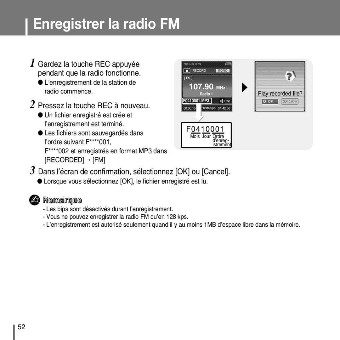 Samsung YP-T7FXB/ELS, YP-T7FQB/XEF, YP-T7FZS/XEF manual Enregistrer la radio FM, Pressez la touche REC à nouveau, F04 10 