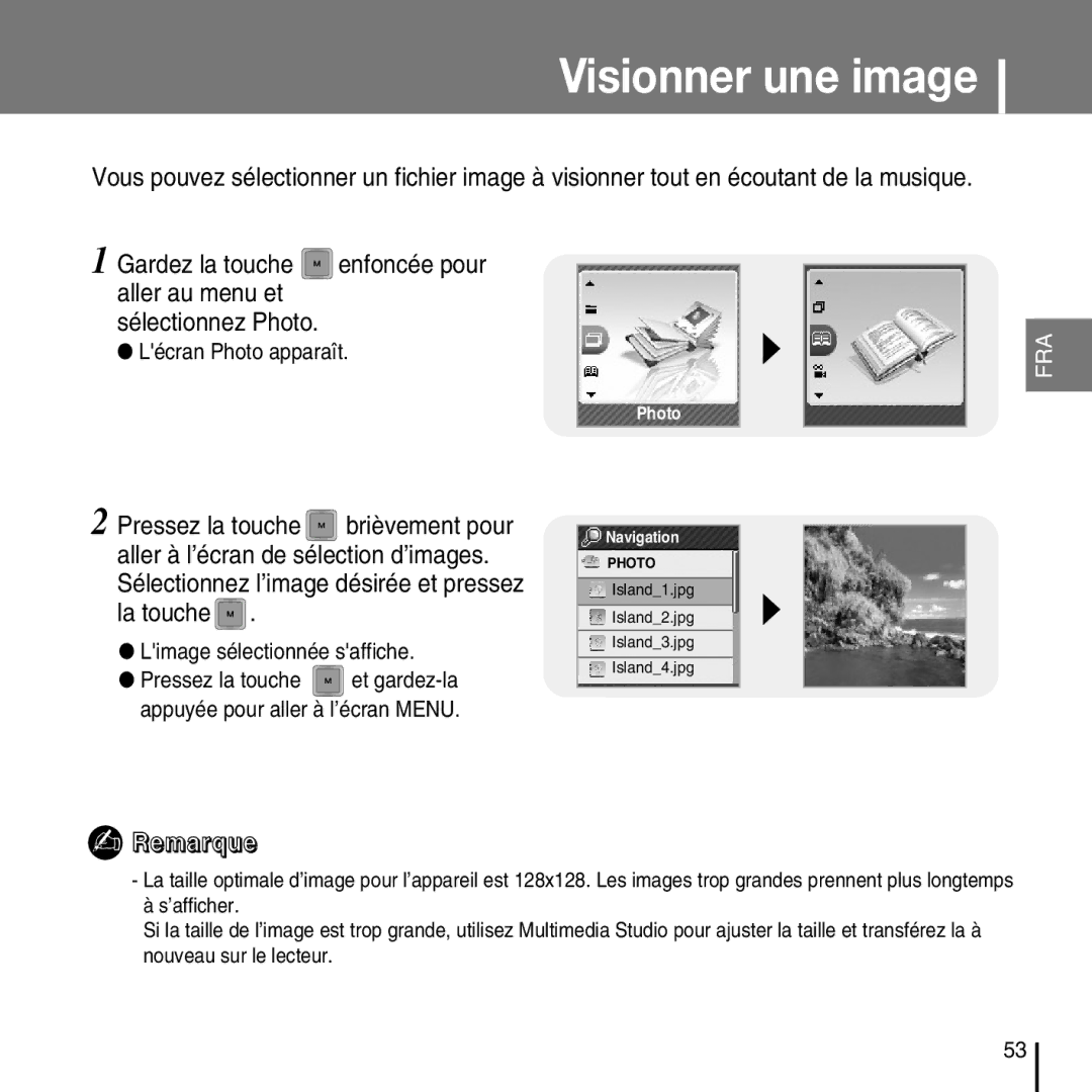 Samsung YP-T7FQB/ELS, YP-T7FQB/XEF, YP-T7FZS/XEF Visionner une image, Lécran Photo apparaît, Limage sélectionnée saffiche 