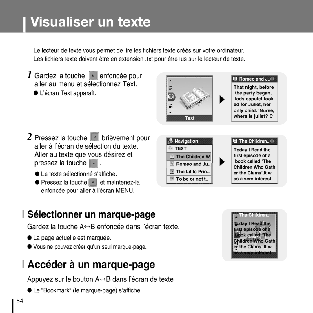 Samsung YP-T7FQB/EDC, YP-T7FQB/XEF, YP-T7FZS/XEF Visualiser un texte, Accéder à un marque-page, Sélectionner un marque-page 