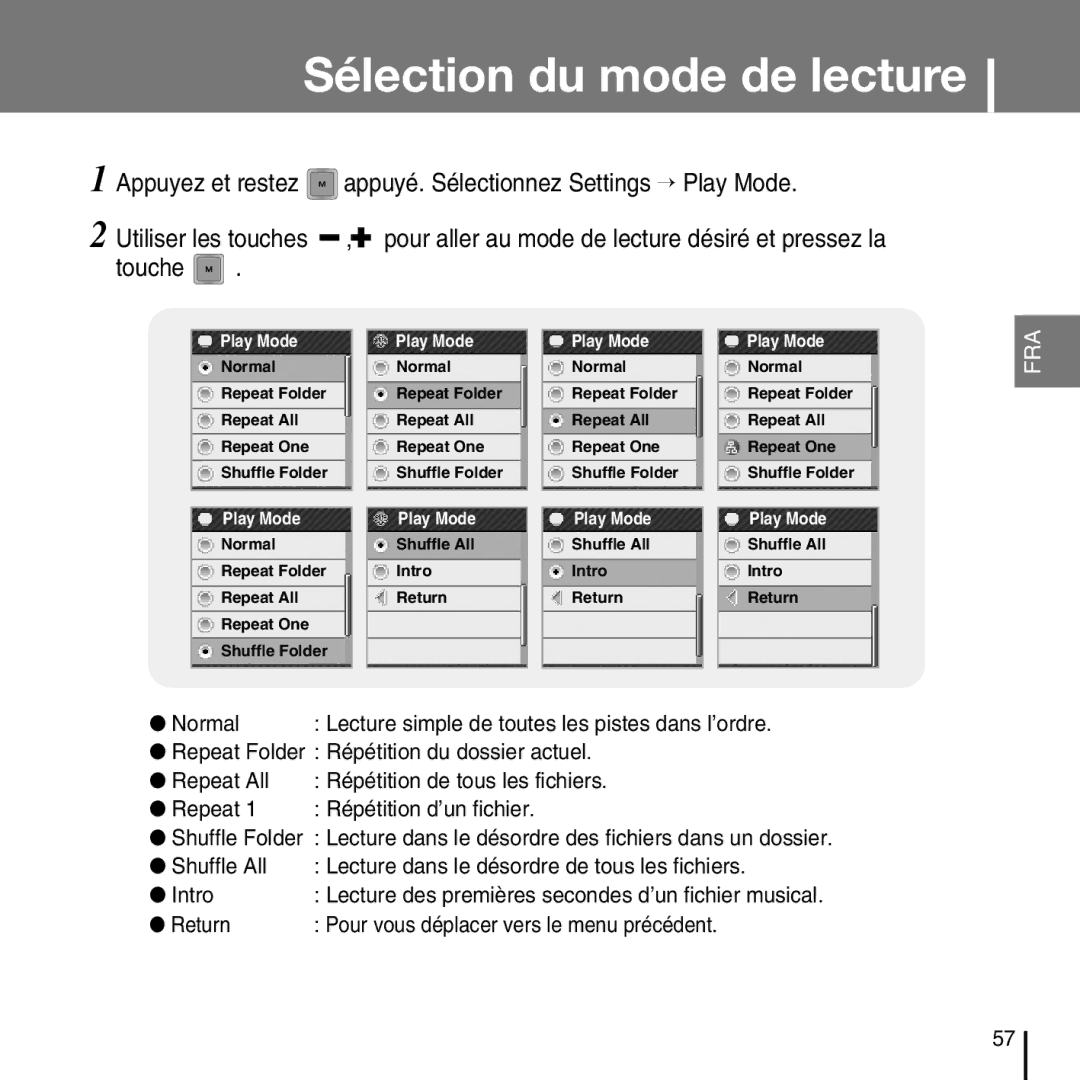 Samsung YP-T7FZS/XEF manual Sélection du mode de lecture, Normal, Repeat Folder Répétition du dossier actuel Repeat All 