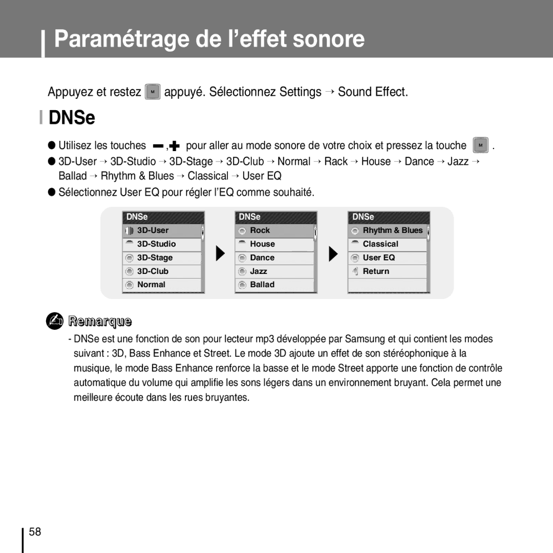 Samsung YP-T7FXB/EDC, YP-T7FQB/XEF, YP-T7FZS/XEF, YP-T7FZS/EDC, YP-T7FXB/ELS, YP-T7FQB/ELS Paramétrage de l’effet sonore, DNSe 