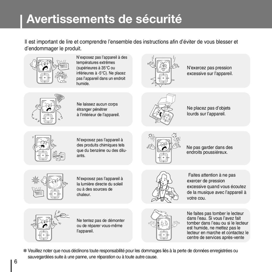 Samsung YP-T7FQB/EDC, YP-T7FQB/XEF, YP-T7FZS/XEF, YP-T7FXB/EDC, YP-T7FZS/EDC, YP-T7FXB/ELS manual Avertissements de sécurité 