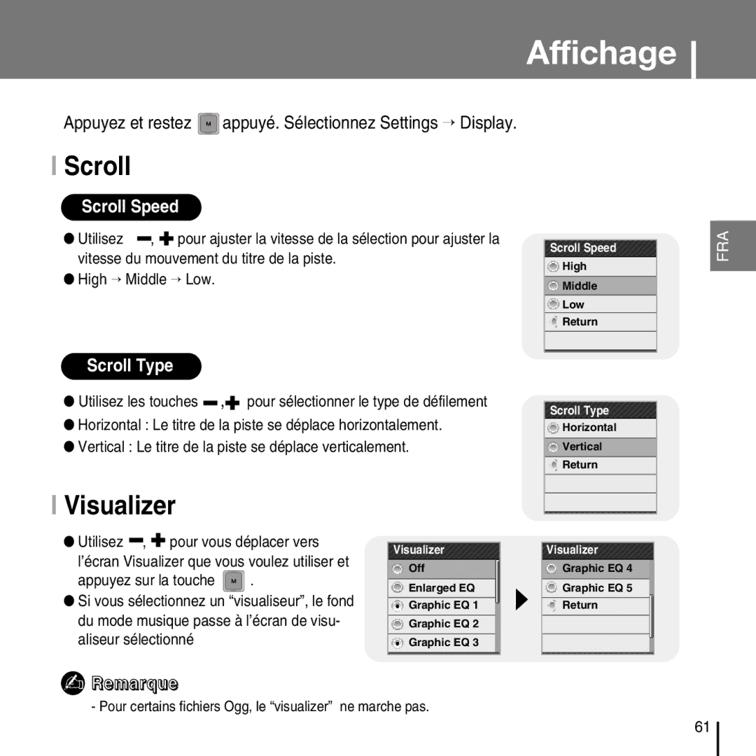 Samsung YP-T7FQB/ELS manual Affichage, Scroll, Visualizer, Appuyez et restez appuyé. Sélectionnez Settings → Display 