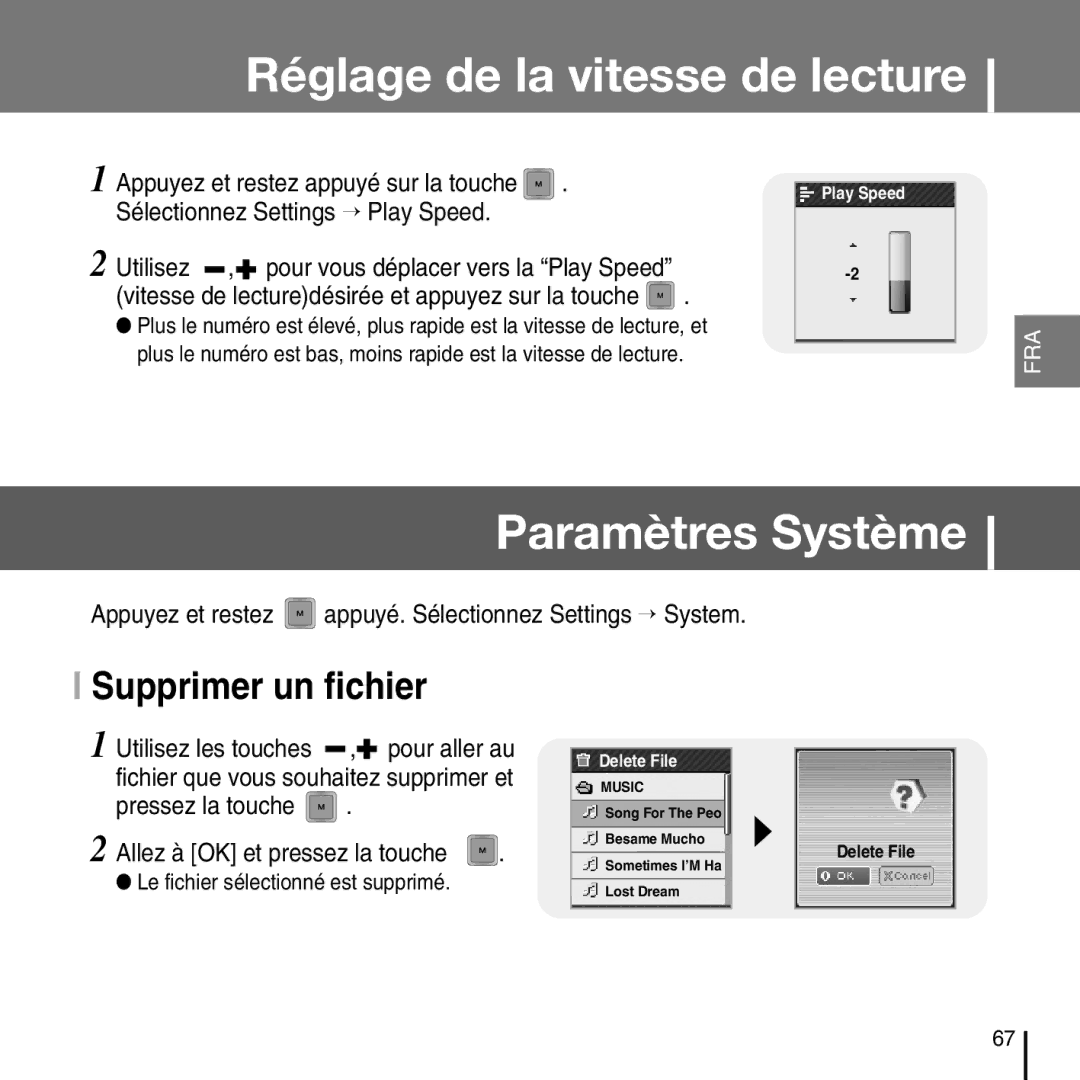 Samsung YP-T7FZS/EDC, YP-T7FQB/XEF, YP-T7FZS/XEF Réglage de la vitesse de lecture, Paramètres Système, Supprimer un fichier 