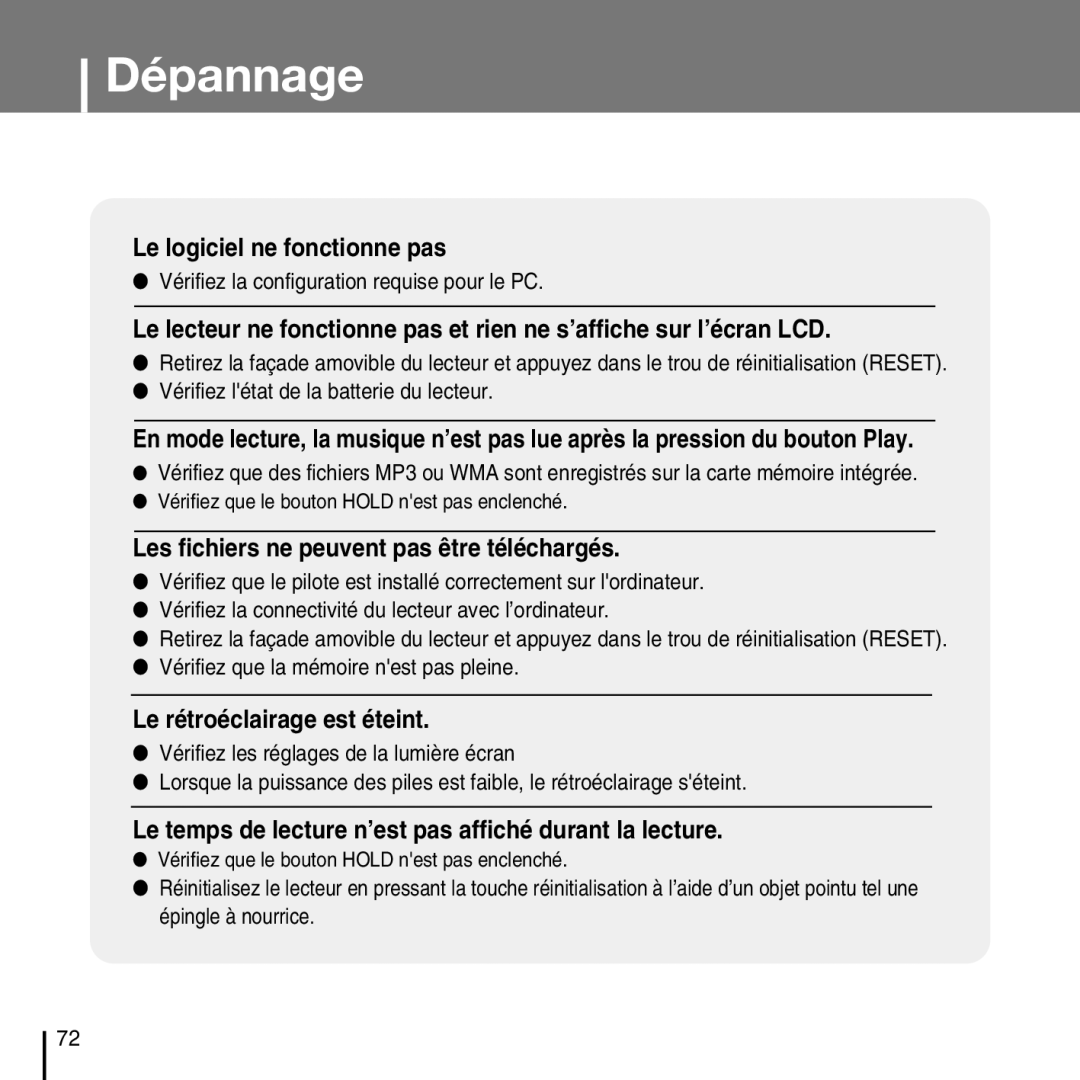 Samsung YP-T7FQB/XEF, YP-T7FZS/XEF, YP-T7FXB/EDC, YP-T7FZS/EDC manual Dépannage, Vérifiez la configuration requise pour le PC 