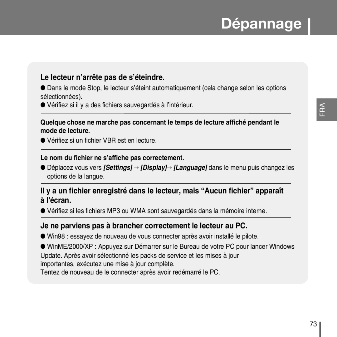 Samsung YP-T7FZS/XEF, YP-T7FQB/XEF manual Le lecteur n’arrête pas de s’éteindre, Vérifiez si un fichier VBR est en lecture 