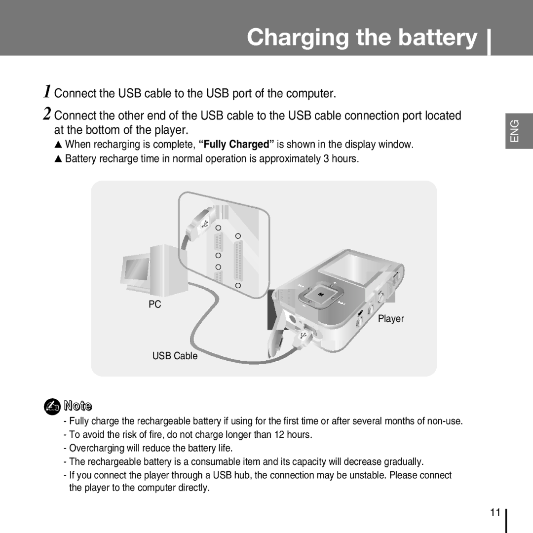 Samsung YP-T7FV, YP-T7FZ, YP-T7FX, YP-T7FQ manual Charging the battery, Player USB Cable 