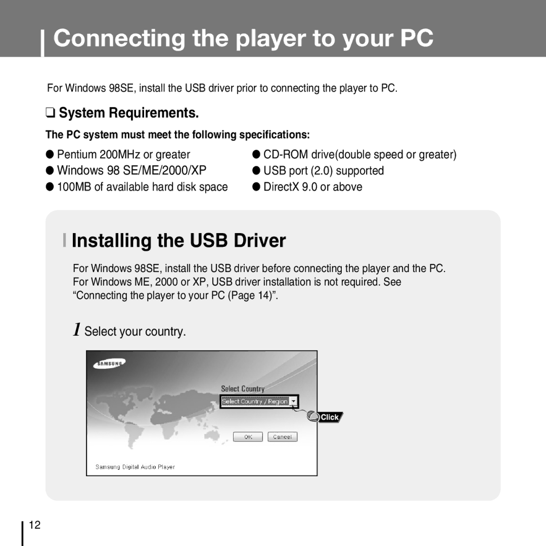 Samsung YP-T7FZ Connecting the player to your PC, Installing the USB Driver, Windows 98 SE/ME/2000/XP, Select your country 