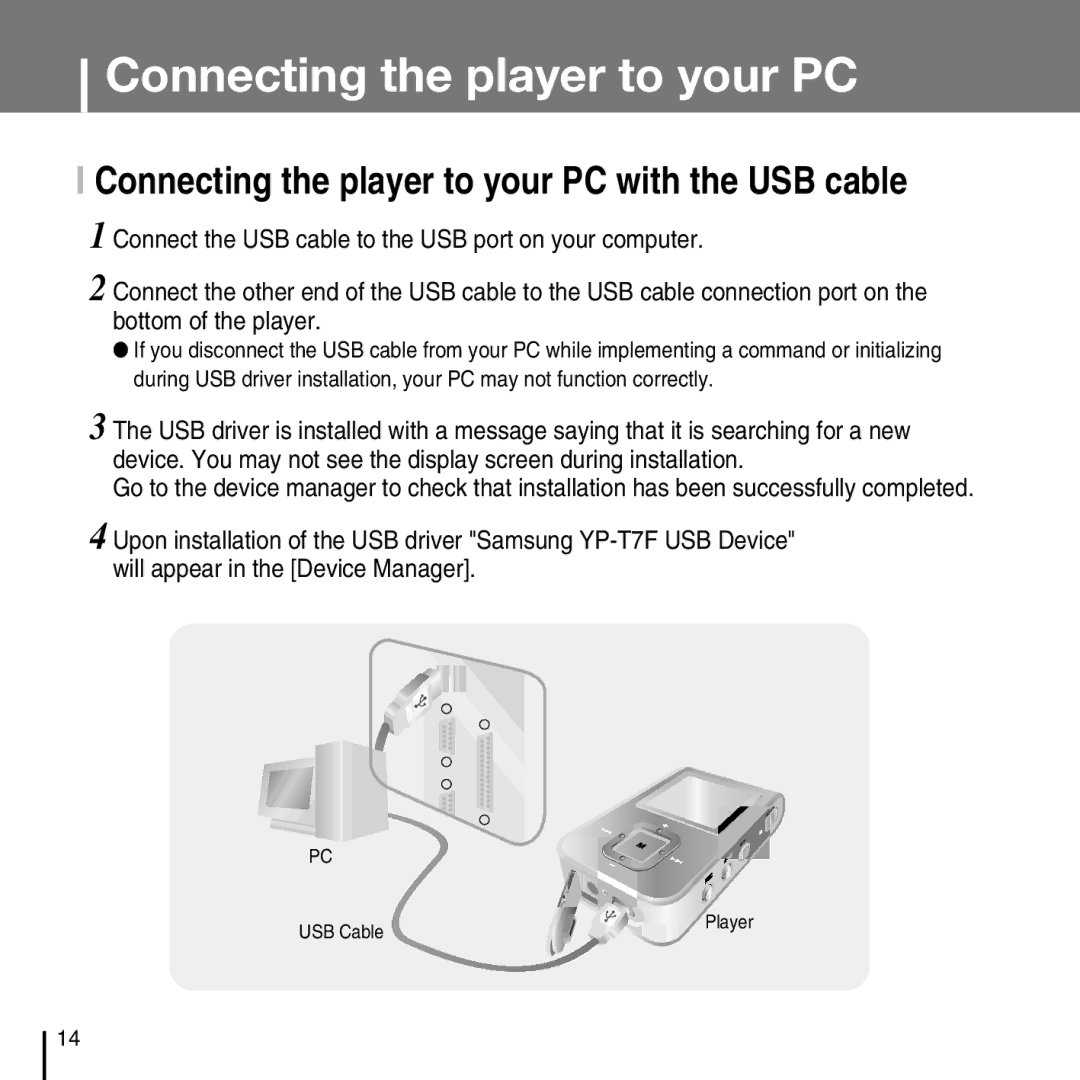 Samsung YP-T7FQ, YP-T7FZ, YP-T7FX, YP-T7FV manual Connecting the player to your PC with the USB cable 