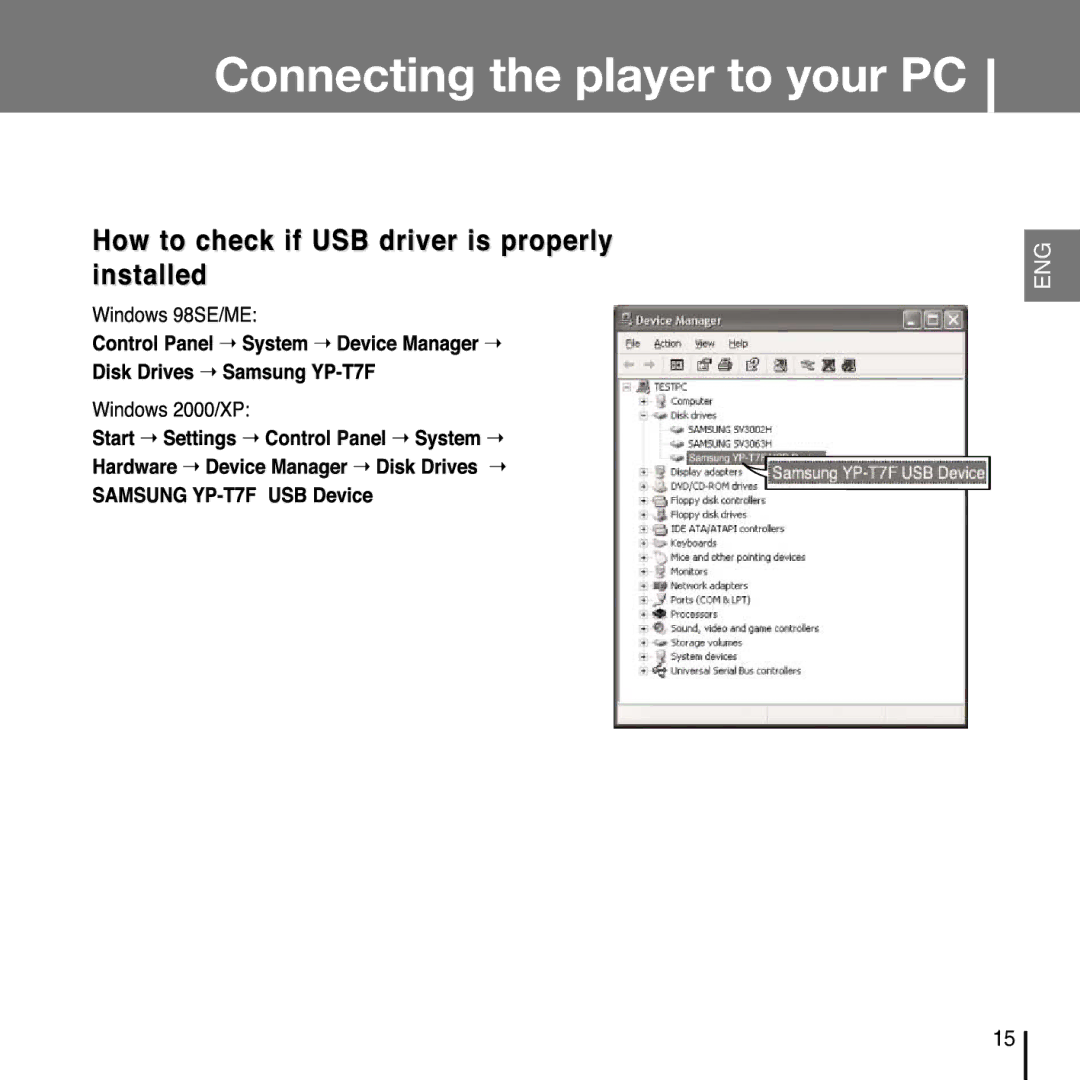 Samsung YP-T7FV, YP-T7FZ, YP-T7FX, YP-T7FQ manual Connecting the player to your PC 