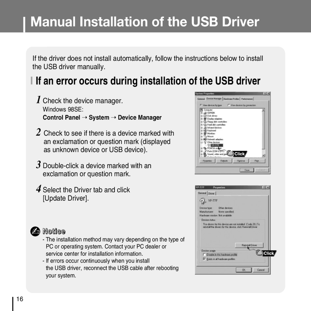 Samsung YP-T7FZ, YP-T7FX, YP-T7FQ, YP-T7FV Manual Installation of the USB Driver, Check the device manager, Windows 98SE 