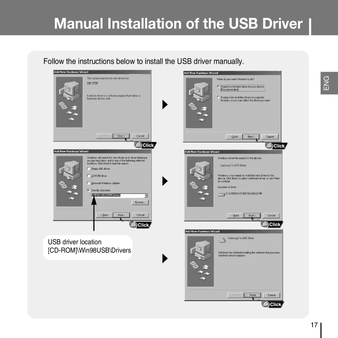 Samsung YP-T7FX, YP-T7FZ, YP-T7FQ, YP-T7FV manual USB driver location CD-ROM\Win98USB\Drivers 