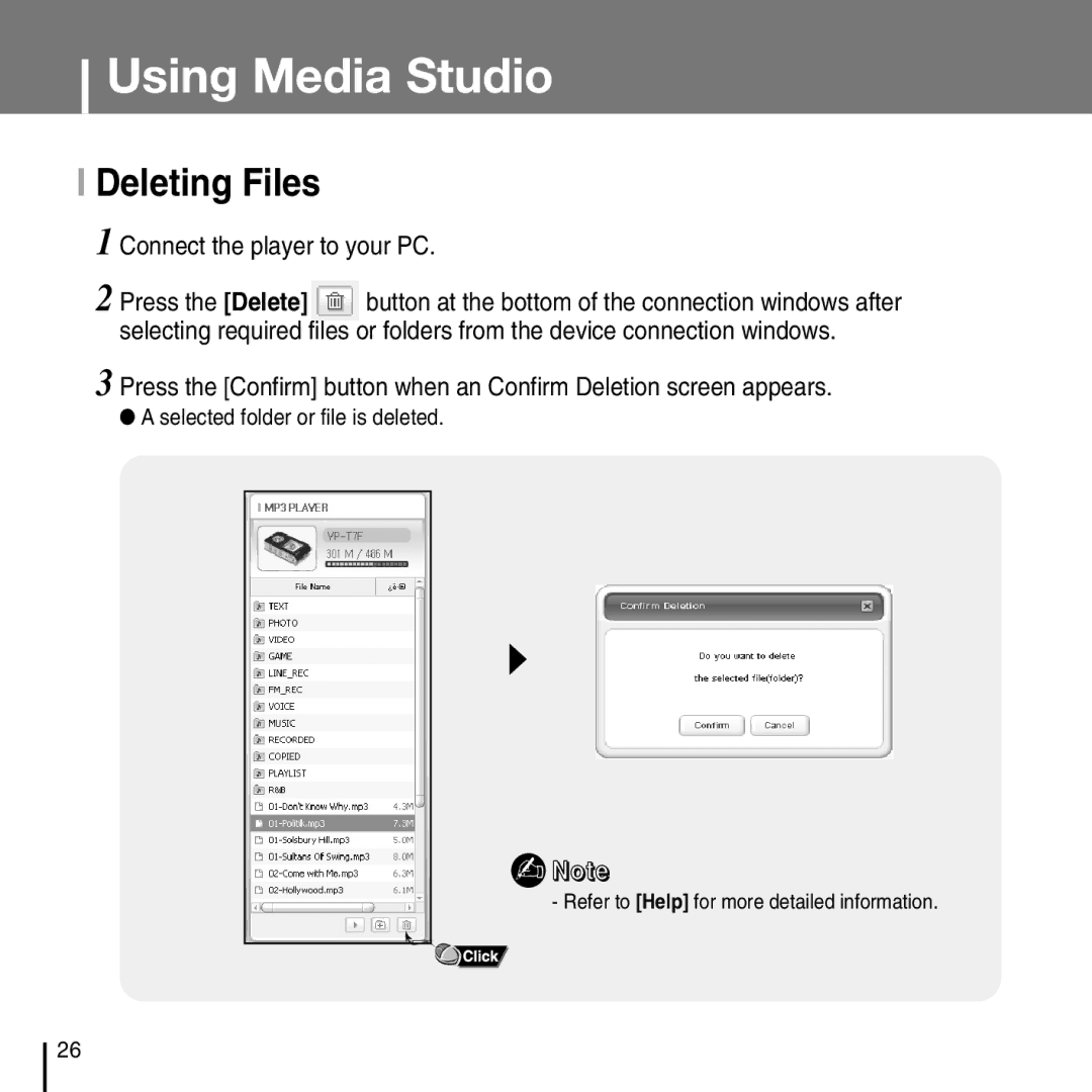 Samsung YP-T7FQ, YP-T7FZ, YP-T7FX, YP-T7FV manual Deleting Files, Connect the player to your PC 
