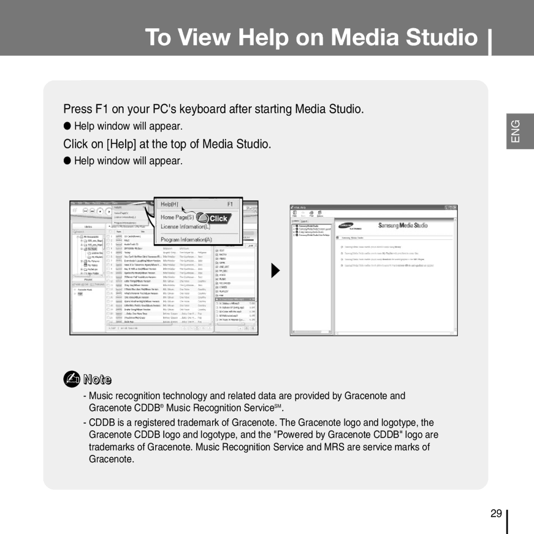 Samsung YP-T7FX, YP-T7FZ, YP-T7FQ To View Help on Media Studio, Press F1 on your PCs keyboard after starting Media Studio 