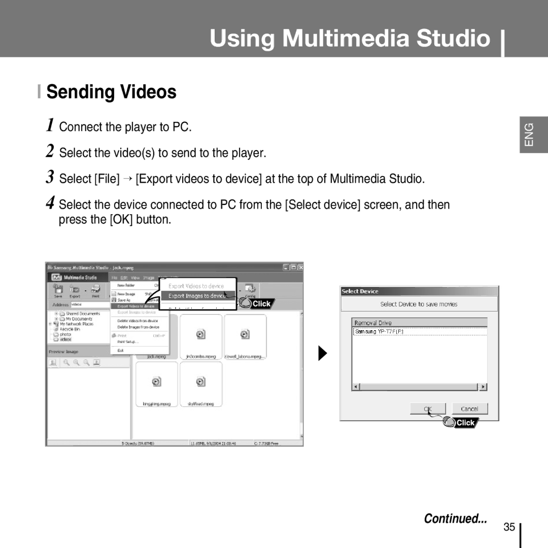 Samsung YP-T7FV, YP-T7FZ, YP-T7FX, YP-T7FQ manual Sending Videos 