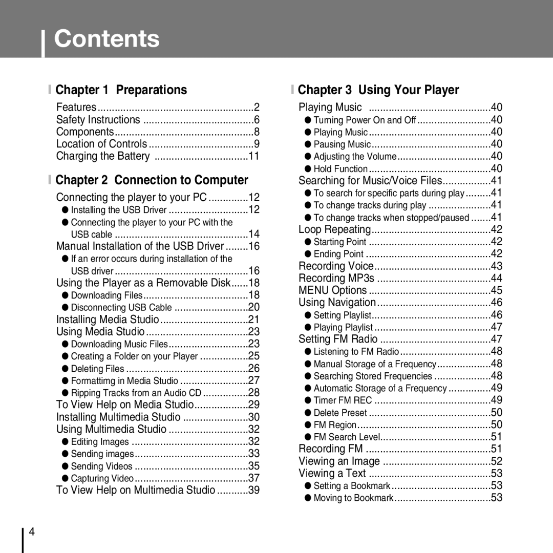 Samsung YP-T7FZ, YP-T7FX, YP-T7FQ, YP-T7FV manual Contents 