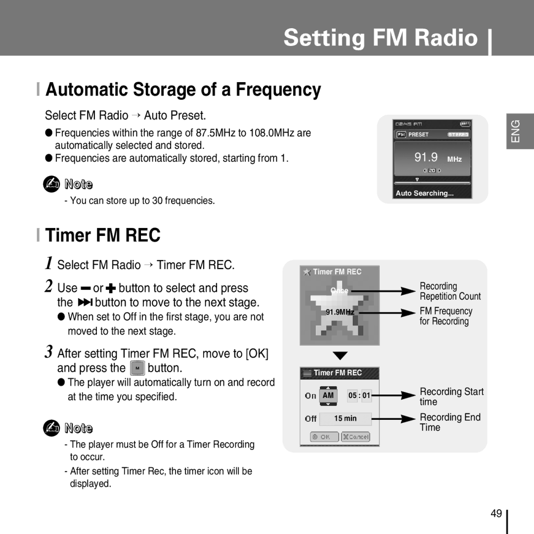 Samsung YP-T7FX, YP-T7FZ, YP-T7FQ, YP-T7FV Automatic Storage of a Frequency, Timer FM REC, Select FM Radio → Auto Preset 