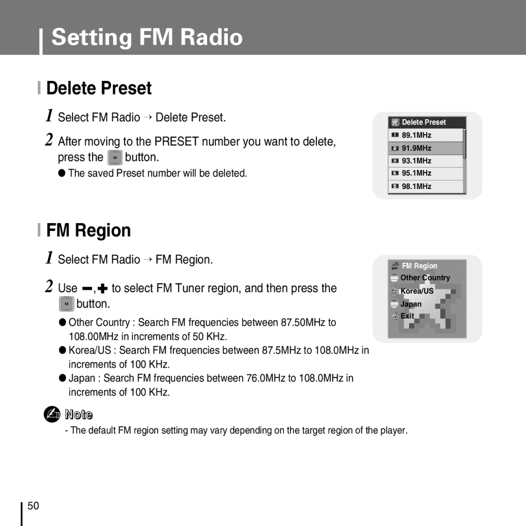 Samsung YP-T7FQ, YP-T7FZ, YP-T7FX, YP-T7FV manual Delete Preset, FM Region, Saved Preset number will be deleted 