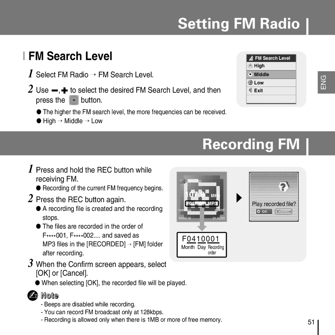 Samsung YP-T7FV, YP-T7FZ, YP-T7FX, YP-T7FQ manual Recording FM, FM Search Level 