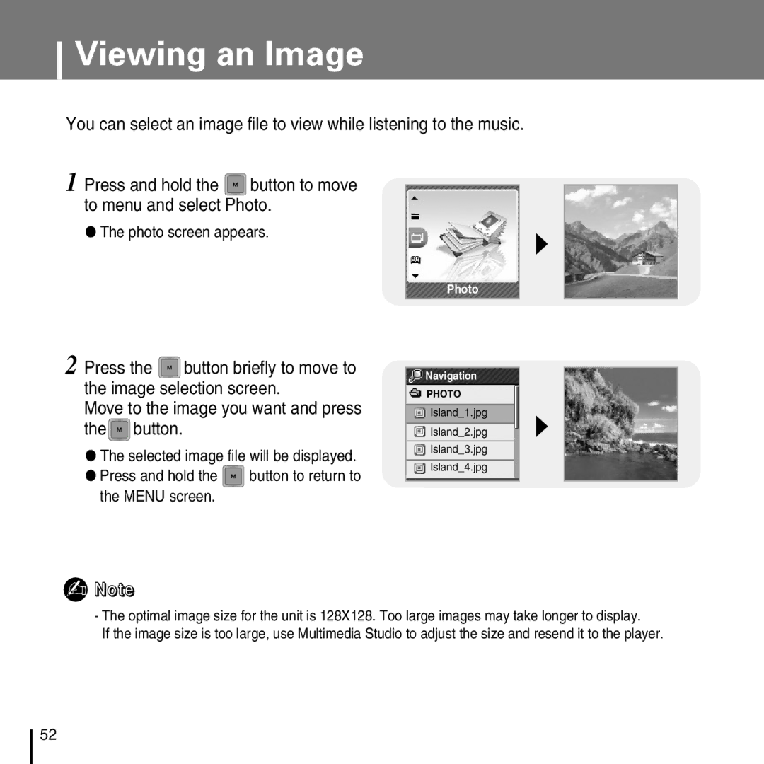 Samsung YP-T7FZ, YP-T7FX, YP-T7FQ Viewing an Image, Move to the image you want and press the button, Photo screen appears 