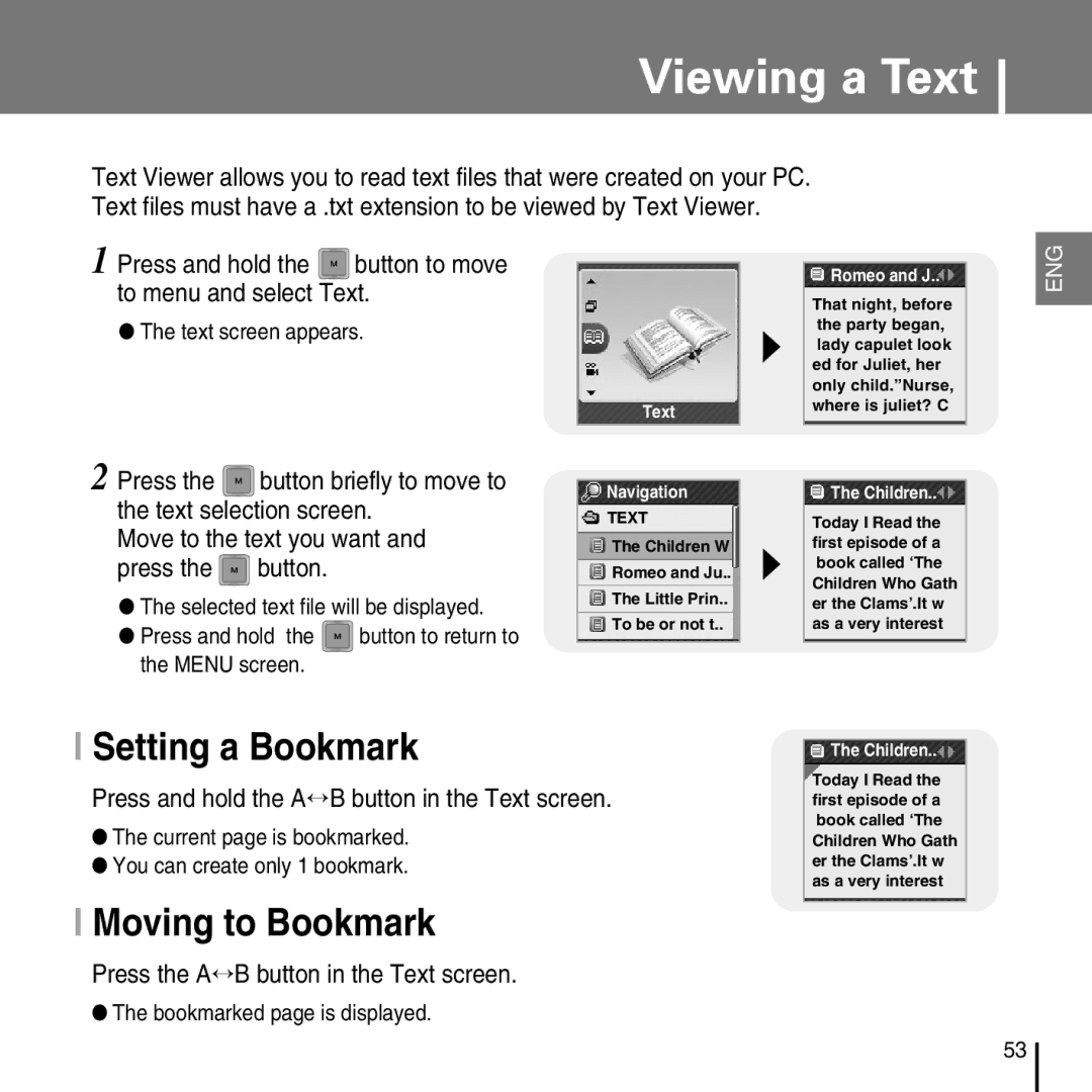 Samsung YP-T7FX, YP-T7FZ, YP-T7FQ, YP-T7FV manual Viewing a Text, Setting a Bookmark, Moving to Bookmark 