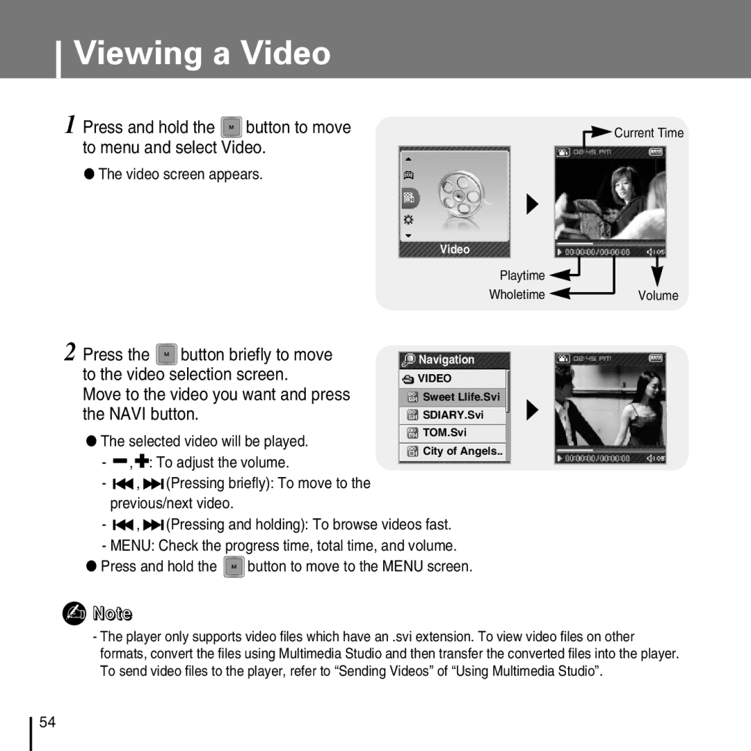 Samsung YP-T7FQ, YP-T7FZ Viewing a Video, Press and hold the button to move to menu and select Video, Video screen appears 