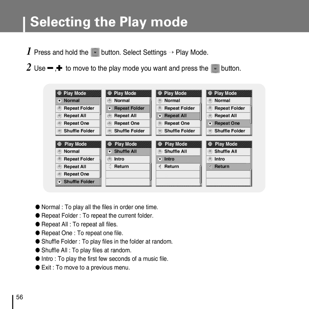 Samsung YP-T7FZ, YP-T7FX, YP-T7FQ, YP-T7FV manual Selecting the Play mode 