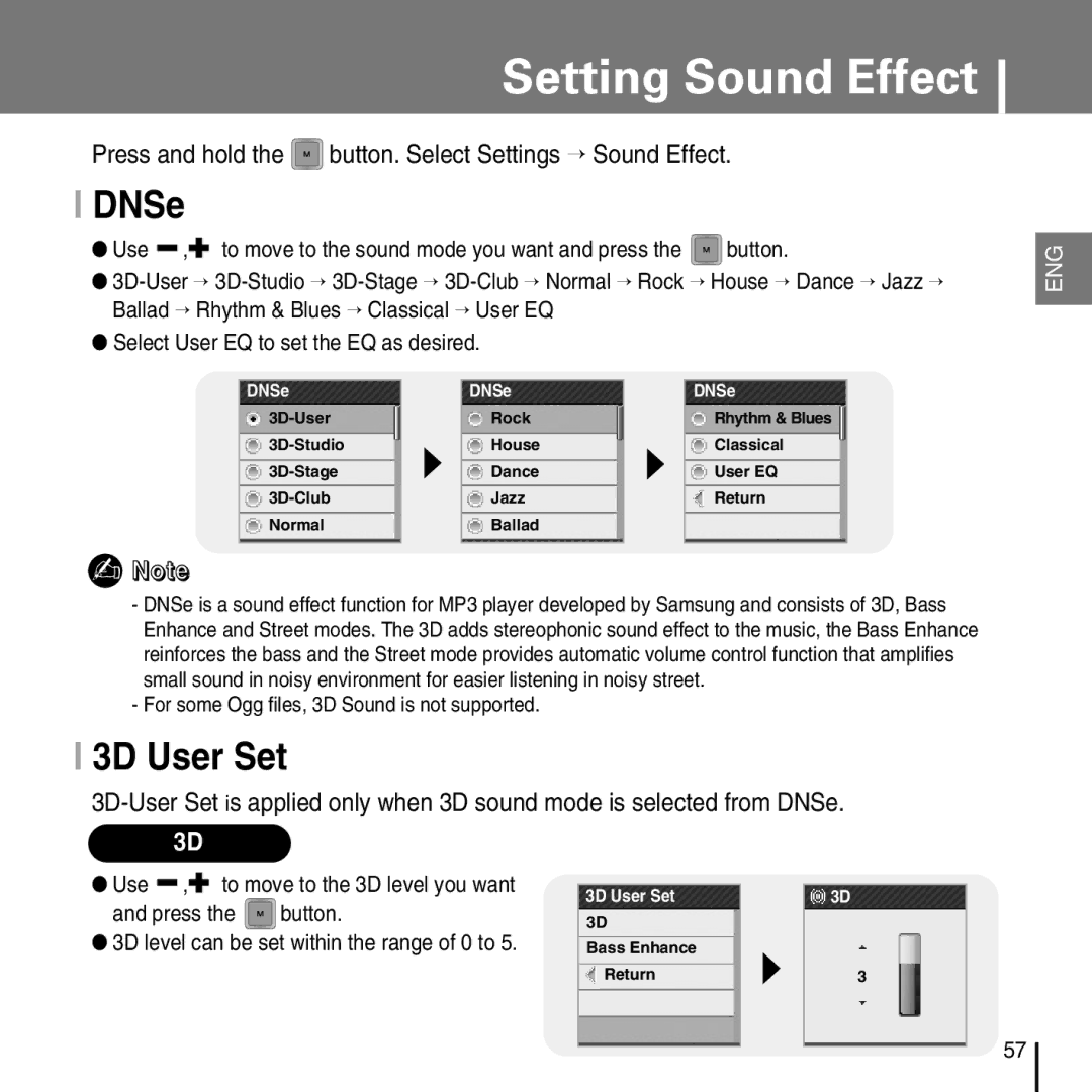 Samsung YP-T7FX manual Setting Sound Effect, DNSe, 3D User Set, Press and hold the button. Select Settings → Sound Effect 