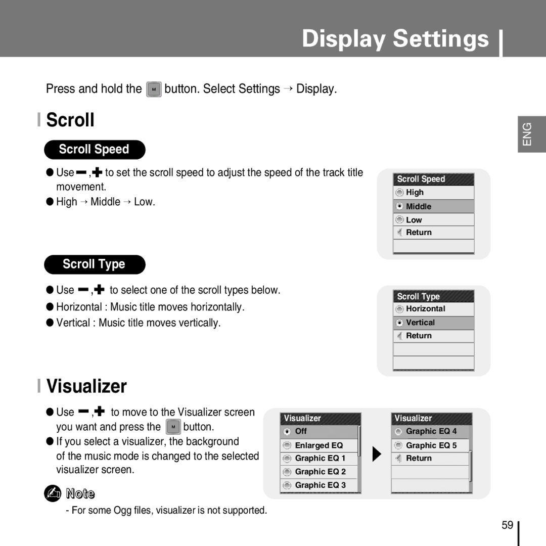 Samsung YP-T7FV, YP-T7FZ manual Display Settings, Scroll, Visualizer, Press and hold the button. Select Settings → Display 