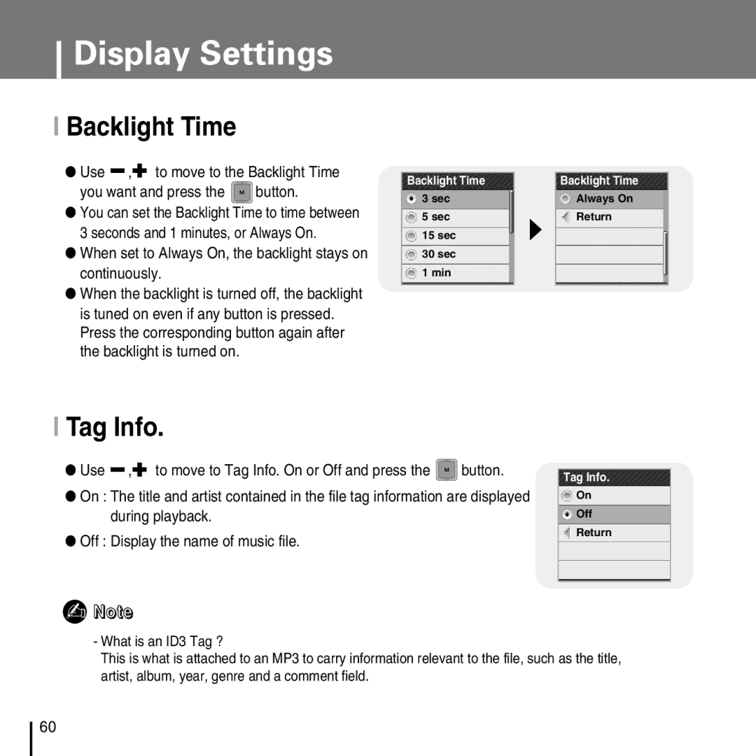 Samsung YP-T7FZ, YP-T7FX, YP-T7FQ manual Backlight Time, Tag Info, When set to Always On, the backlight stays on continuously 