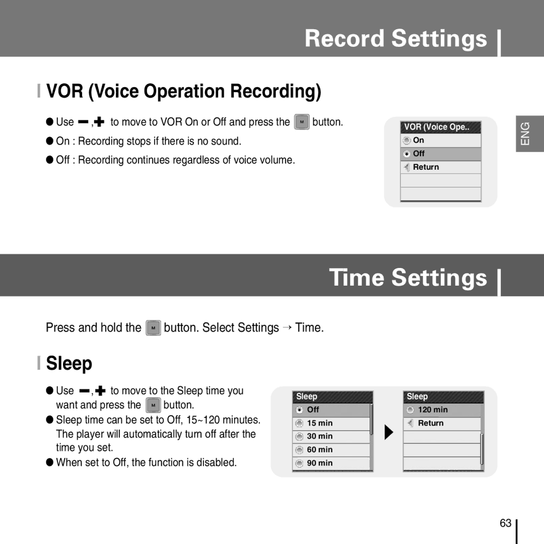 Samsung YP-T7FV Time Settings, VOR Voice Operation Recording, Sleep, Press and hold the button. Select Settings → Time 