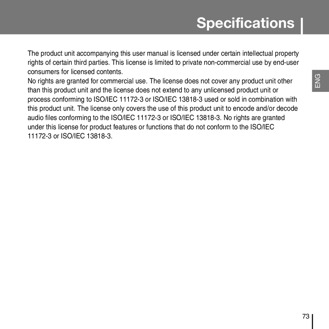 Samsung YP-T7FX, YP-T7FZ, YP-T7FQ, YP-T7FV manual Specifications 