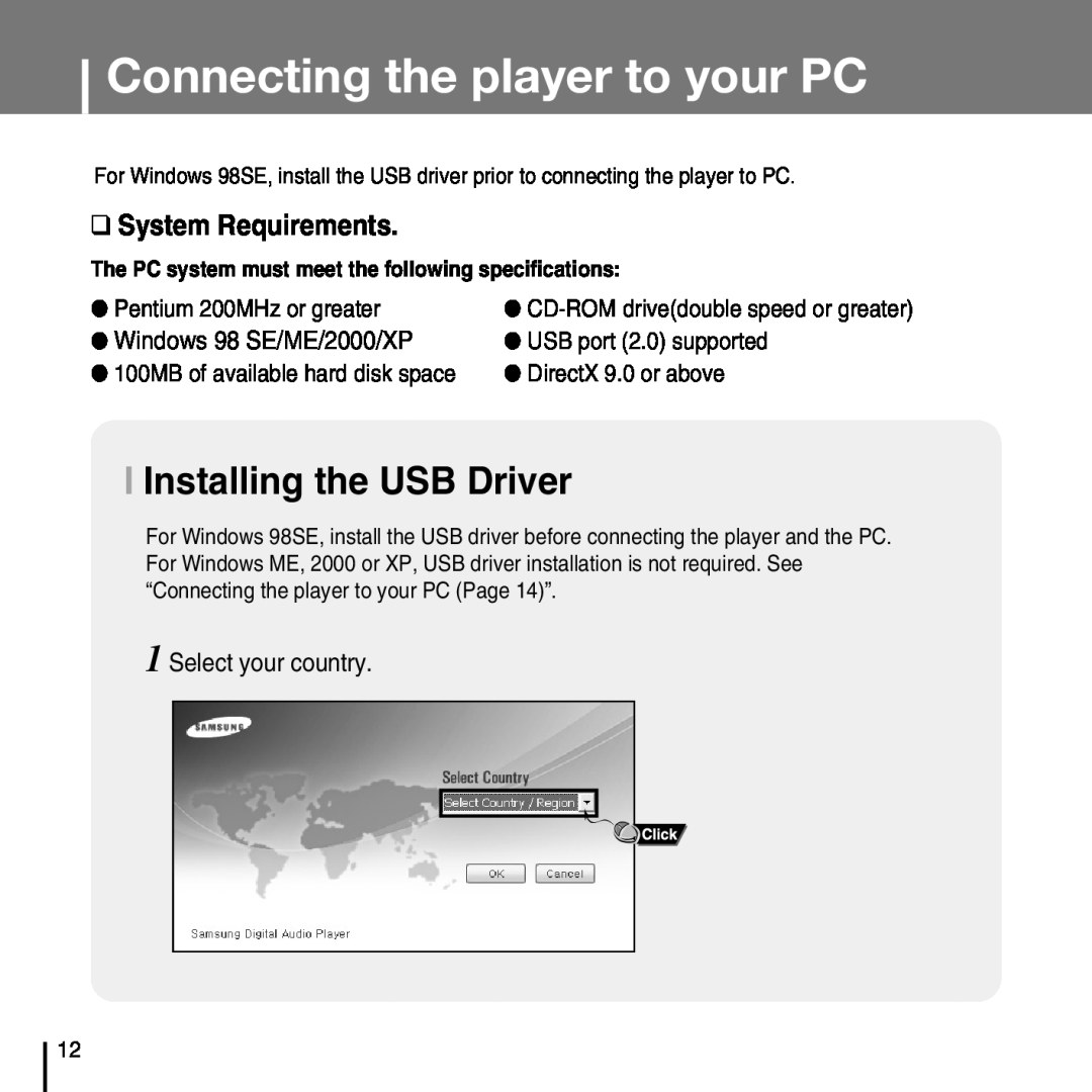 Samsung YP-T7FZ, YP-T7FX, YP-T7FQ Connecting the player to your PC, I Installing the USB Driver, Windows 98 SE/ME/2000/XP 