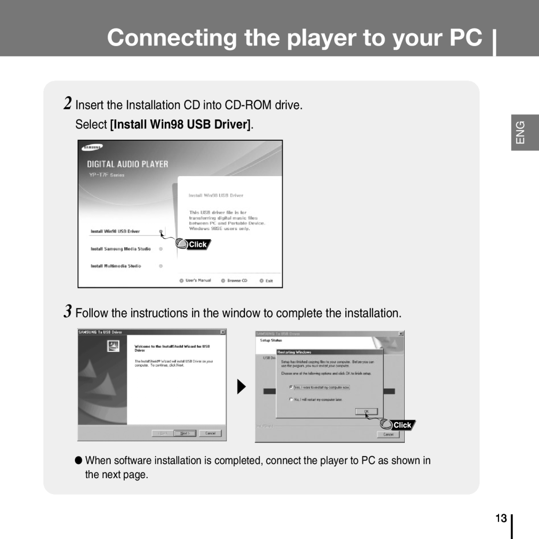 Samsung YP-T7FX manual Follow the instructions in the window to complete the installation, Connecting the player to your PC 
