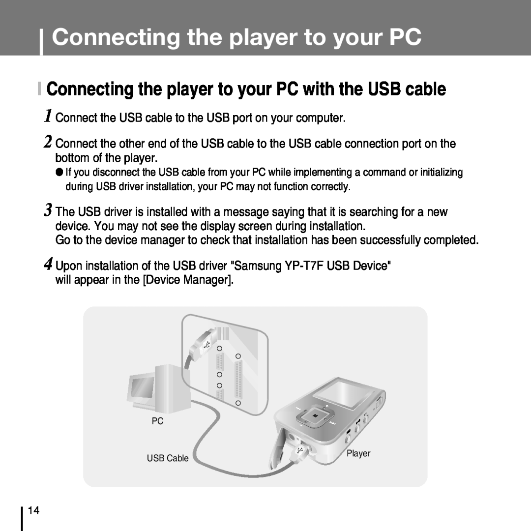 Samsung YP-T7FQ, YP-T7FZ, YP-T7FX, YP-T7FV manual I Connecting the player to your PC with the USB cable 