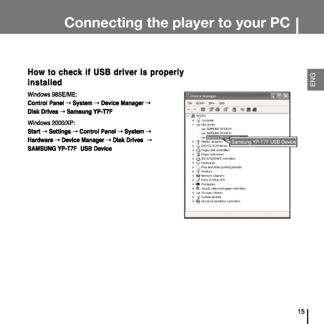 Samsung YP-T7FV, YP-T7FZ, YP-T7FX, YP-T7FQ manual Connecting the player to your PC 
