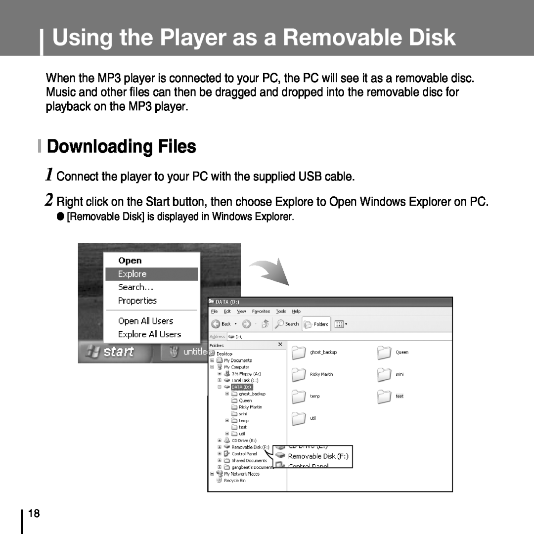 Samsung YP-T7FQ, YP-T7FZ, YP-T7FX, YP-T7FV manual Using the Player as a Removable Disk, I Downloading Files 