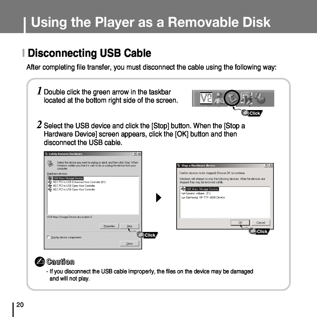 Samsung YP-T7FZ, YP-T7FX, YP-T7FQ, YP-T7FV manual I Disconnecting USB Cable, Using the Player as a Removable Disk 