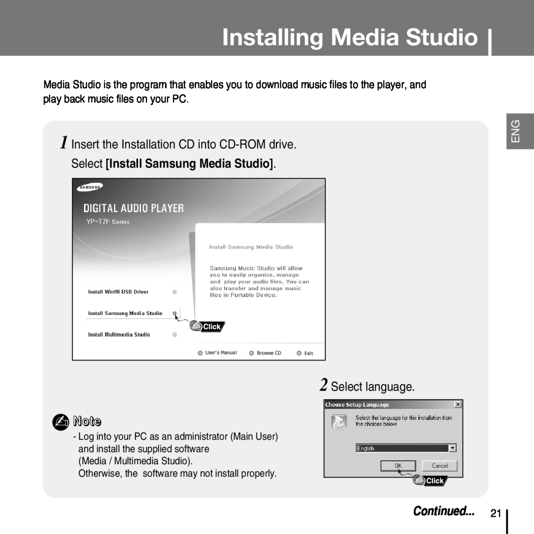 Samsung YP-T7FX Installing Media Studio, Insert the Installation CD into CD-ROM drive, Select Install Samsung Media Studio 