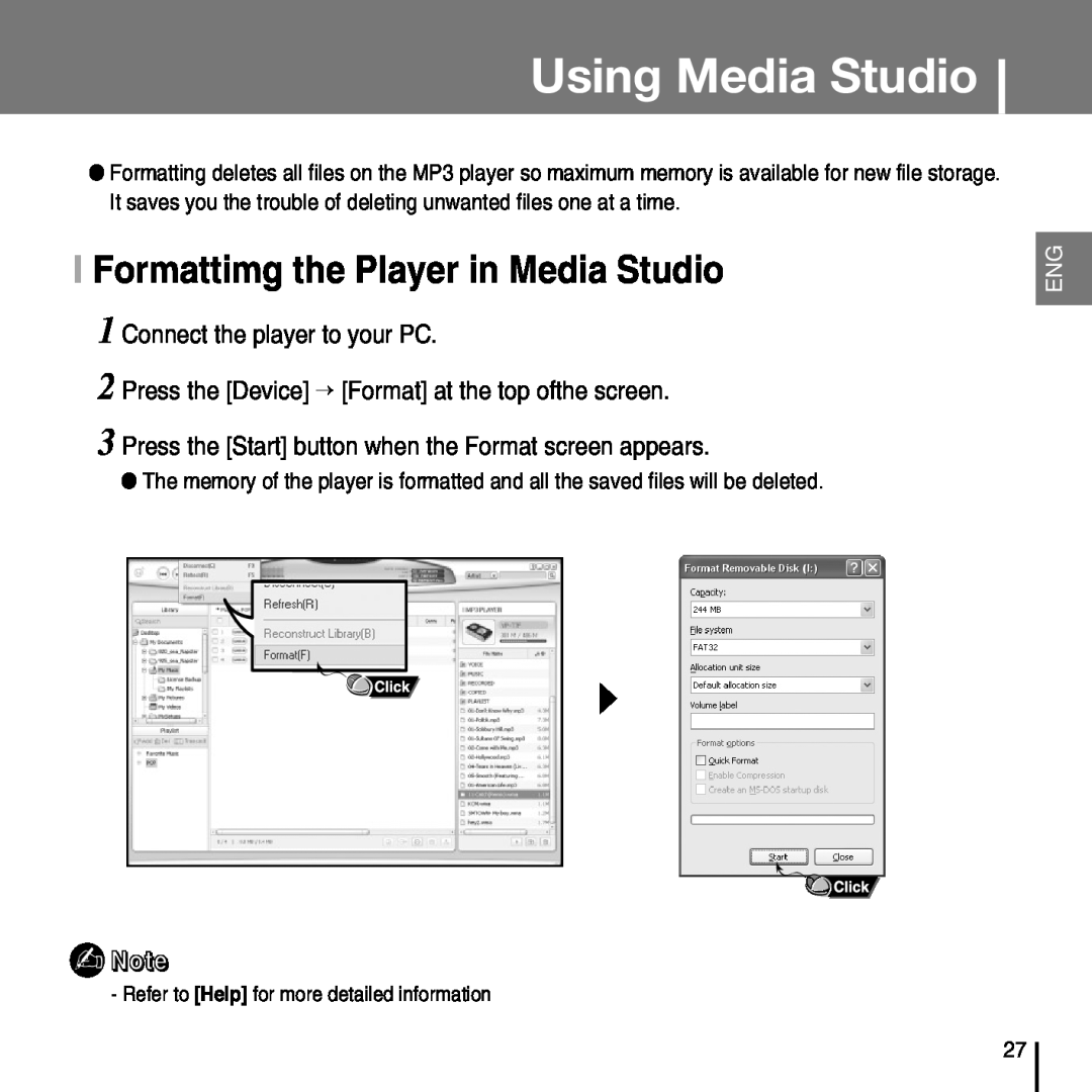 Samsung YP-T7FV, YP-T7FZ manual I Formattimg the Player in Media Studio, Press the Device → Format at the top ofthe screen 
