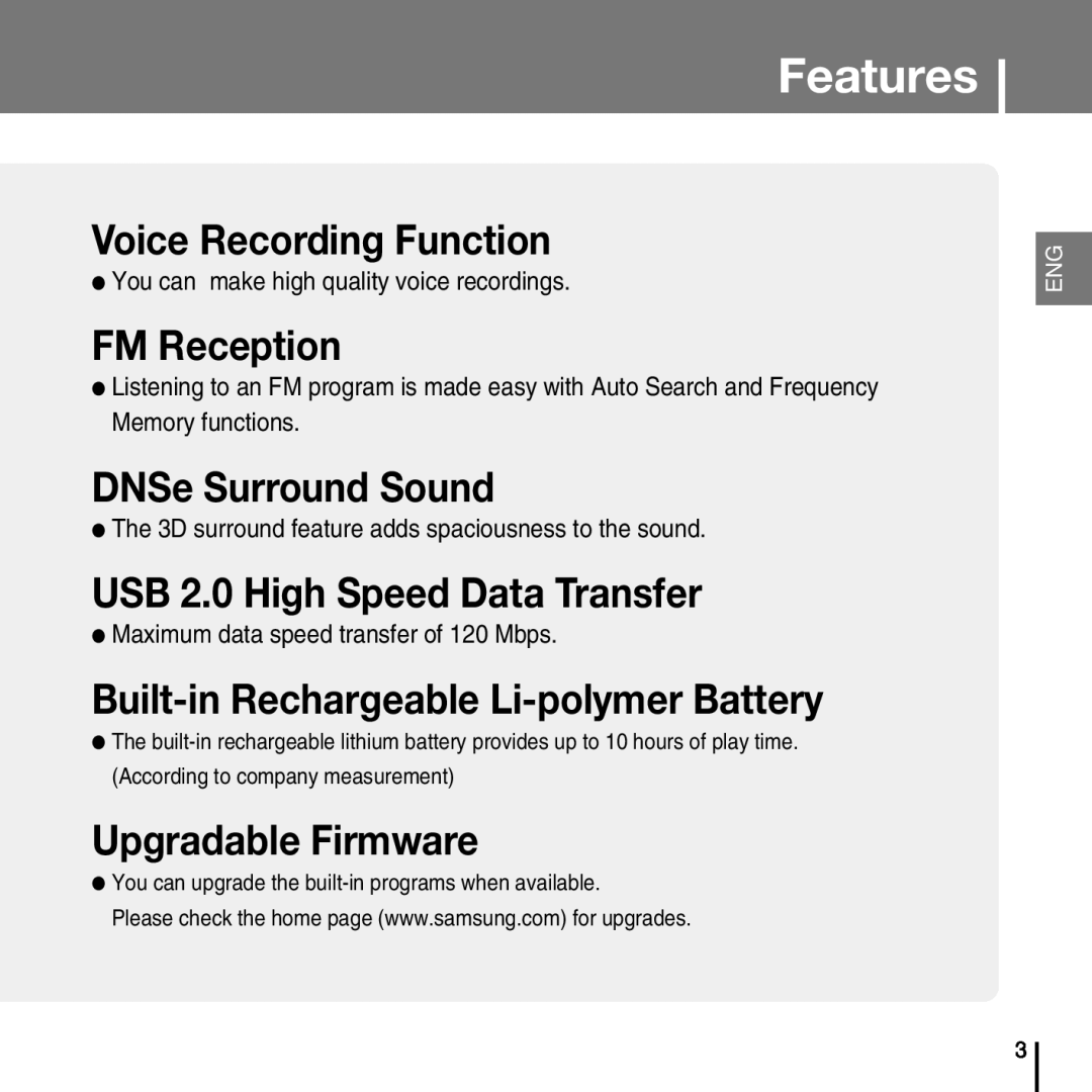 Samsung YP-T7FV Voice Recording Function, FM Reception, DNSe Surround Sound, USB 2.0 High Speed Data Transfer, Features 