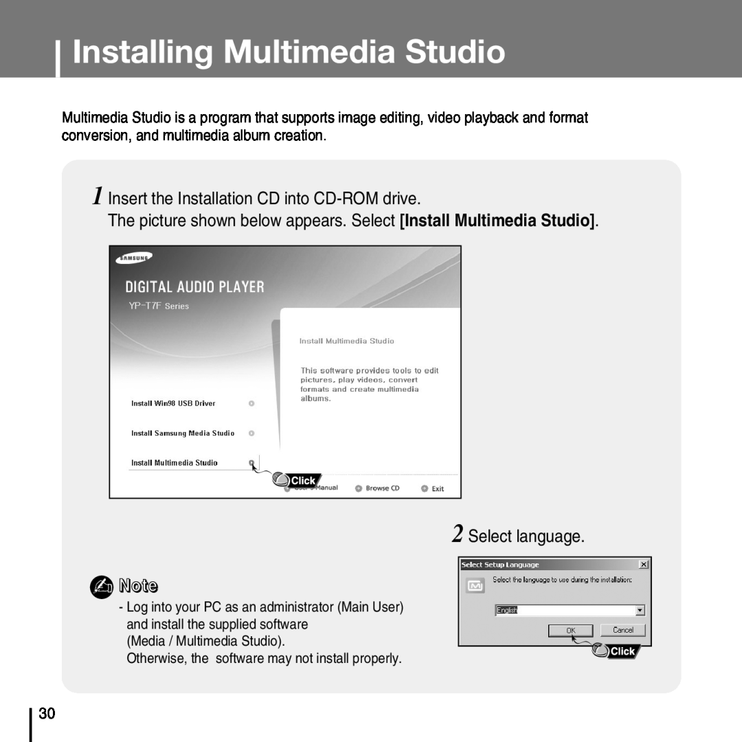 Samsung YP-T7FQ, YP-T7FZ Installing Multimedia Studio, The picture shown below appears. Select Install Multimedia Studio 