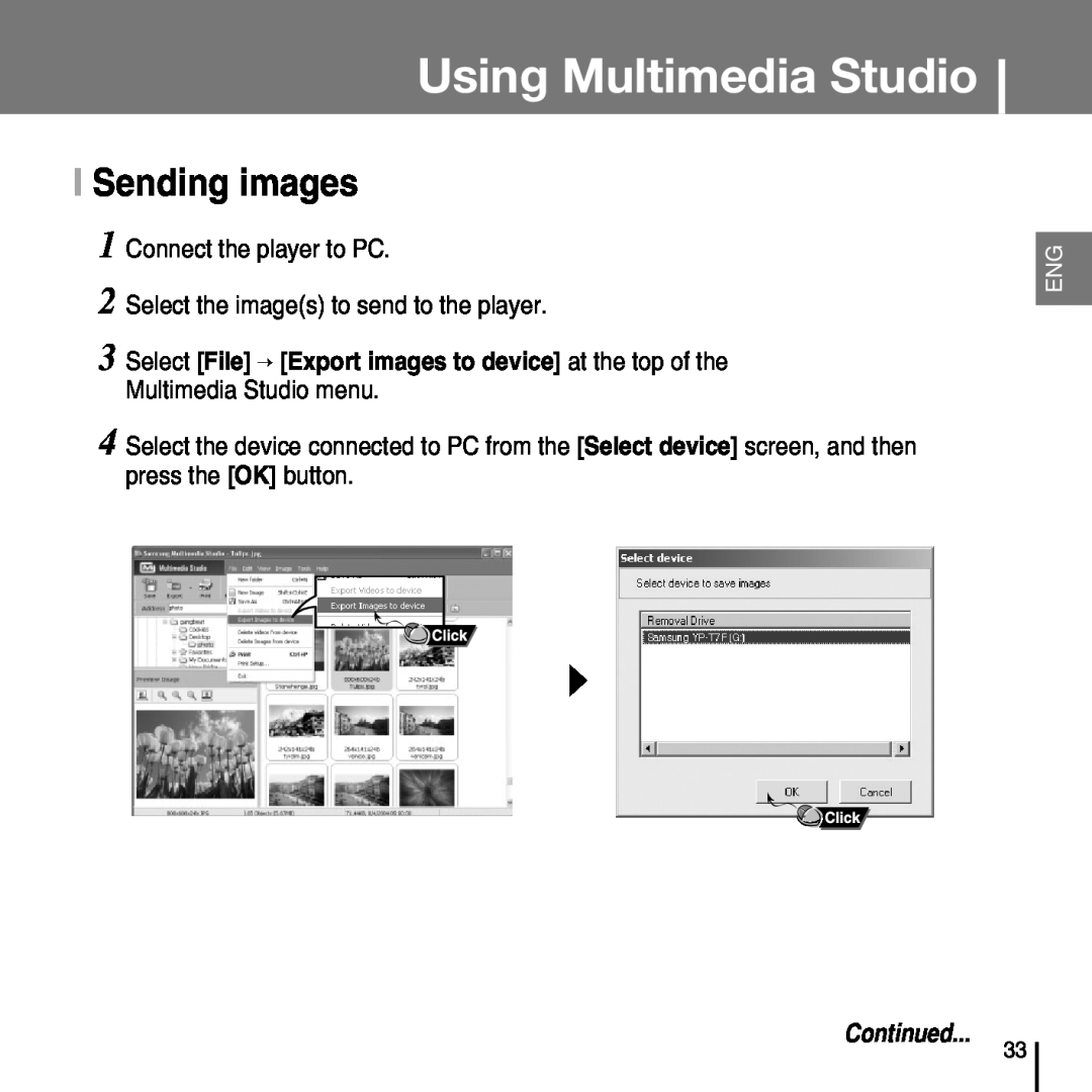Samsung YP-T7FX, YP-T7FZ, YP-T7FQ, YP-T7FV manual I Sending images, Using Multimedia Studio, Continued 