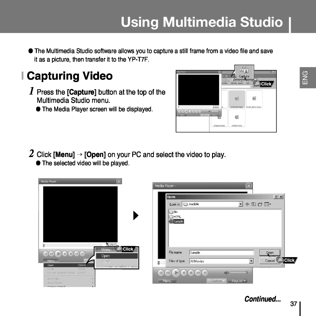 Samsung YP-T7FX, YP-T7FZ I Capturing Video, Press the Capture button at the top of the Multimedia Studio menu, Continued 
