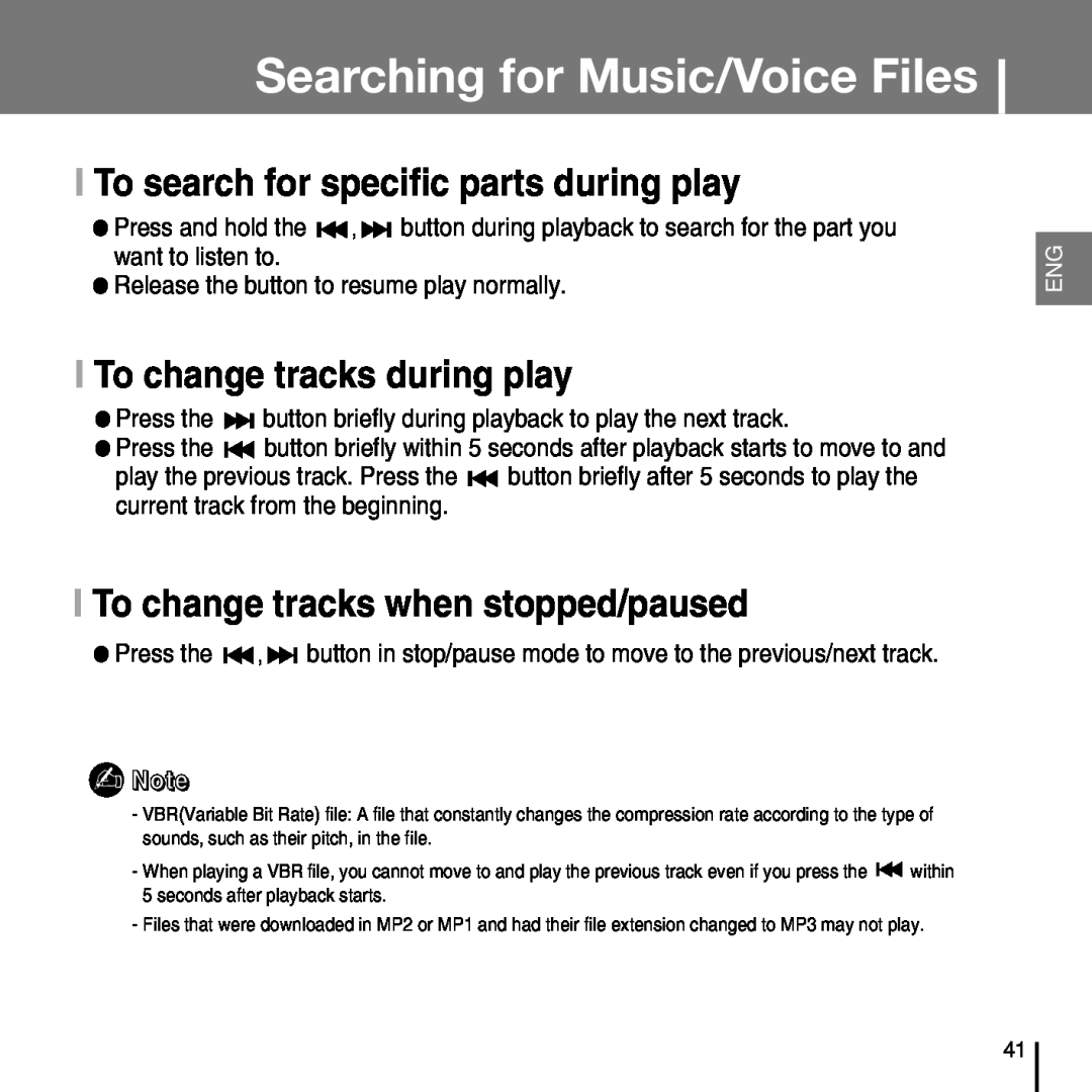 Samsung YP-T7FX, YP-T7FZ, YP-T7FQ, YP-T7FV manual Searching for Music/Voice Files, I To search for specific parts during play 
