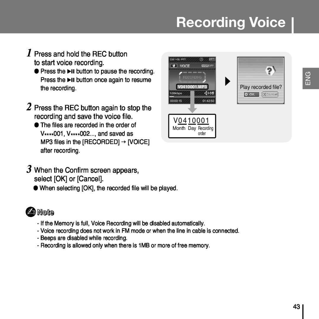 Samsung YP-T7FV, YP-T7FZ, YP-T7FX, YP-T7FQ Recording Voice, V0410001, When the Confirm screen appears, select OK or Cancel 