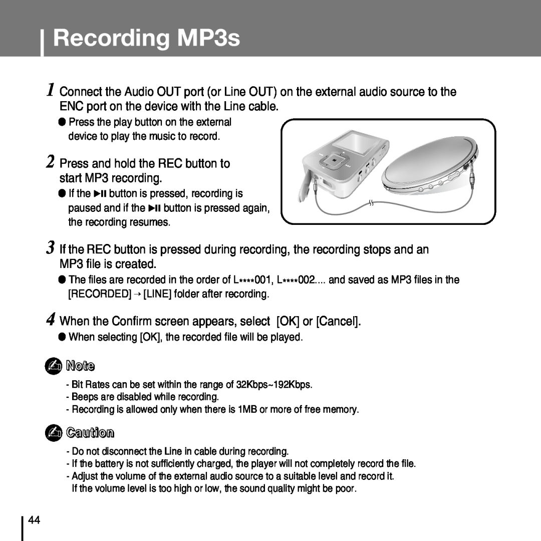 Samsung YP-T7FZ, YP-T7FX, YP-T7FQ, YP-T7FV manual Recording MP3s, Press and hold the REC button to start MP3 recording 